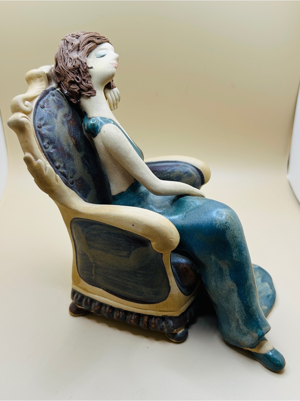 Vintage Lady Figurine In Green Dress Sitting In Chair. Home And Table Santa Fe
